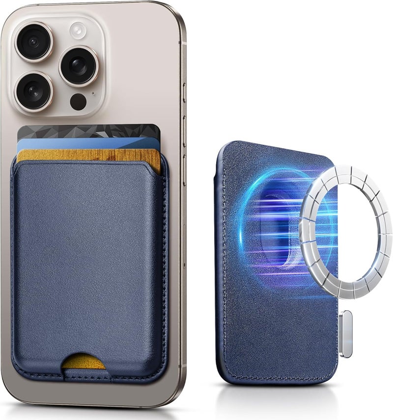 SOUNDBYTE Stronger Magnetic Wallet for iPhone 17/16/15/14/13/12 Series & for MagSafe Cases | N52 Magnet RFID Blocking Leather Magnetic Card Holder with Powerful Magnets | Holds 3 Cards | Navy Blue - Image 1